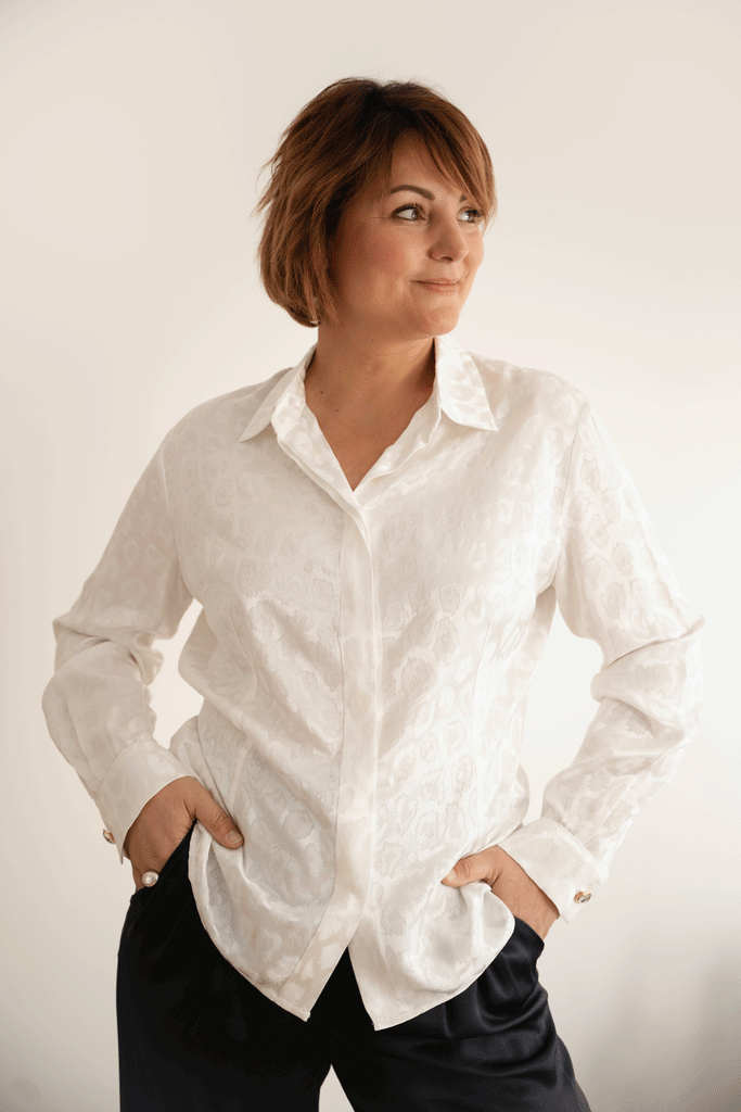 Sonia No3, chemise cintrée blanche irisée - Happyblend